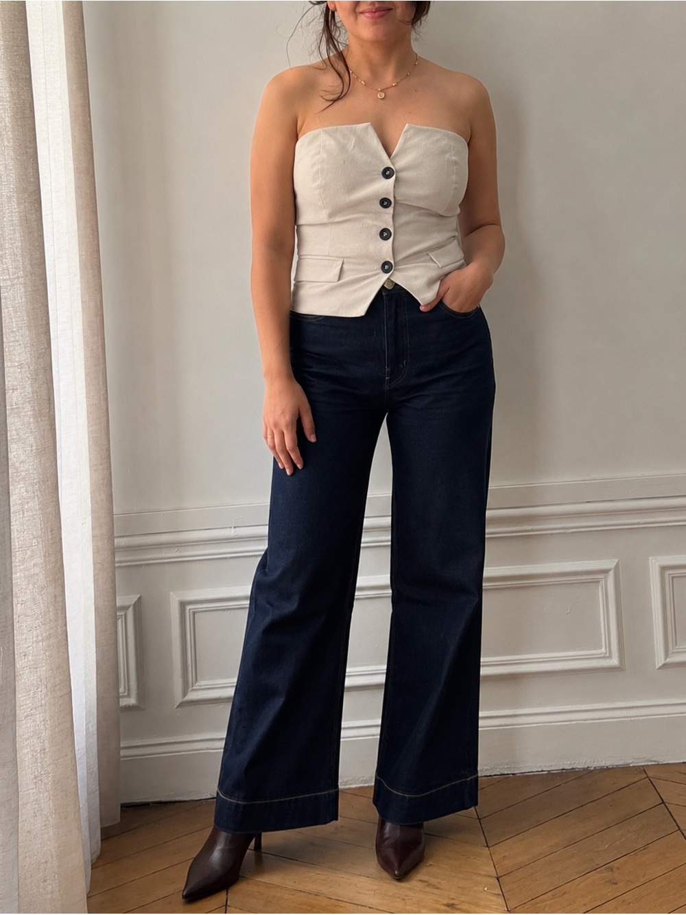 Bershka Cream Strapless Button-Front Crop Top